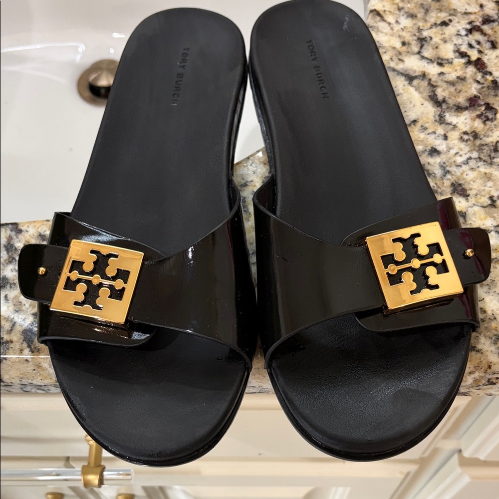 Tory Burch Black Patent Slide Sandals with Gold Logo Accent